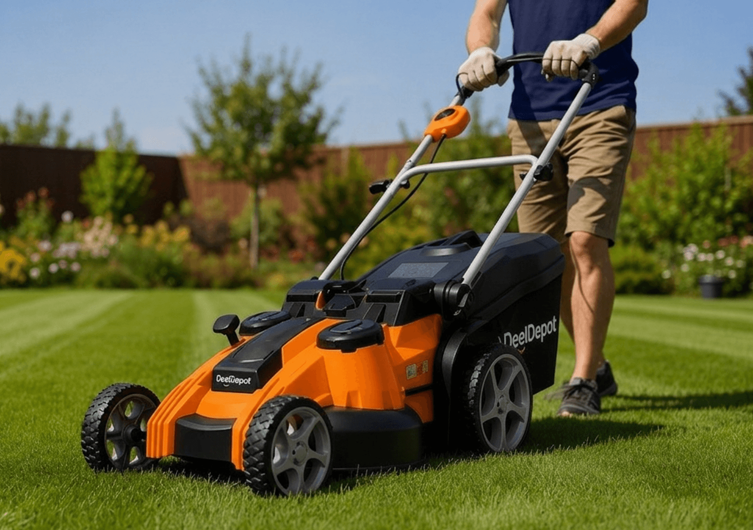 Lawn mower in use on a landscaped yard