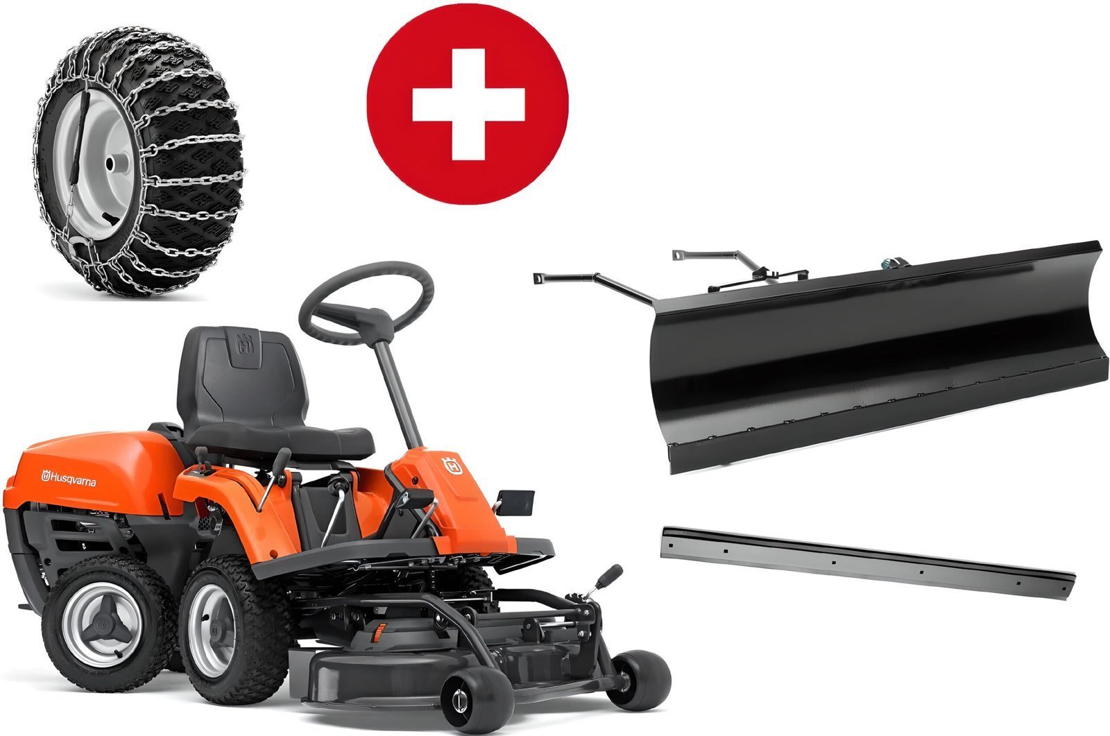 Husqvarna R 112C mit Mähdeck Combi 85 – Winterpaket mit Schneeschild, Gummileiste und Schneeketten – Modell 2025 - Image 1
